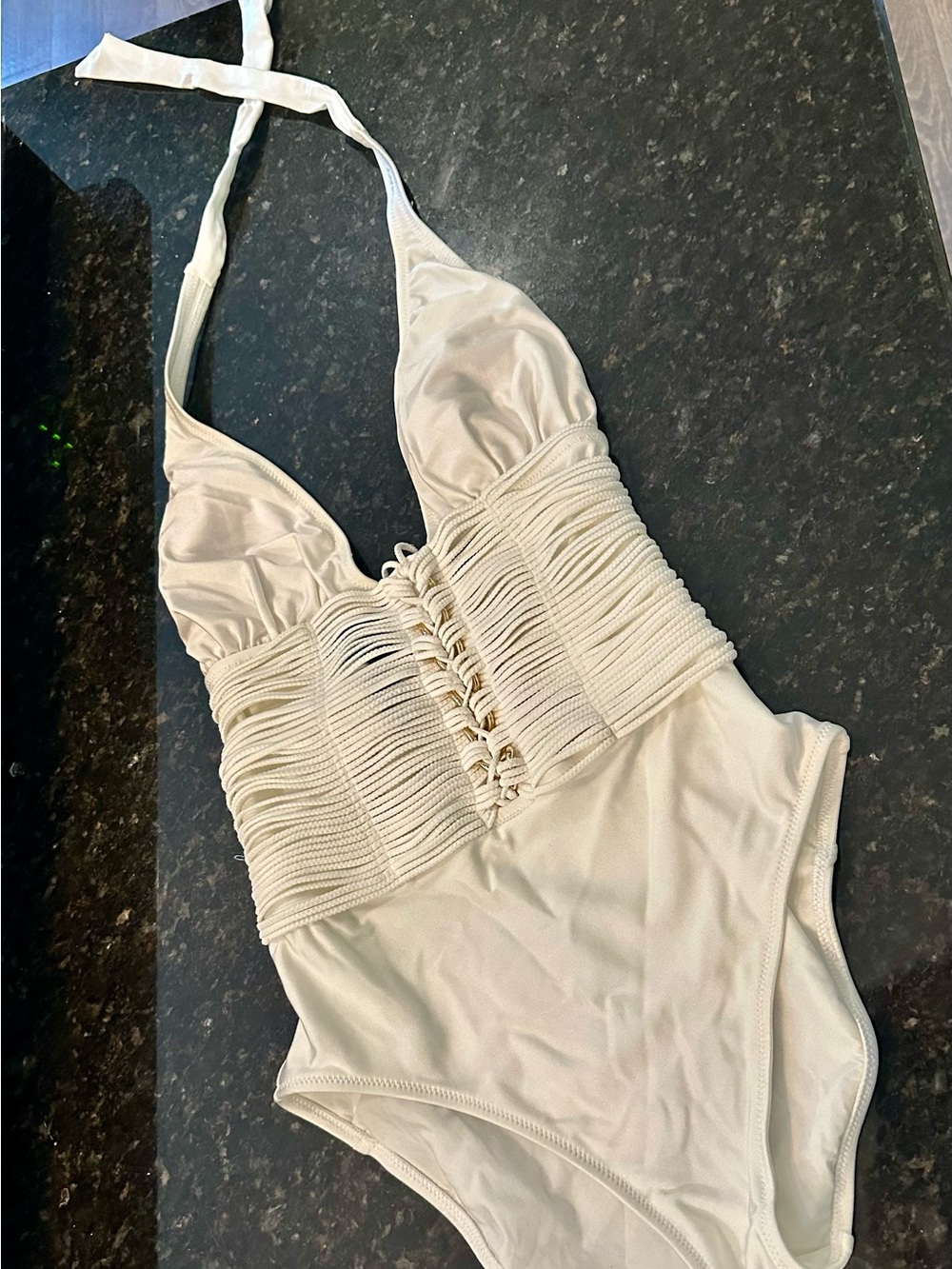 White Ruched ( faux) Lace-Up One-Piece halter Swimsuit